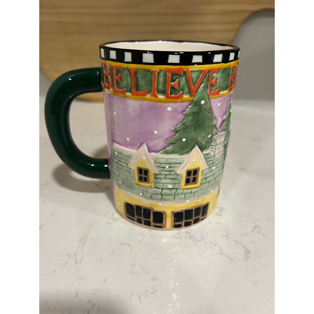 Mary Engelbreit ME Ink 1996 Believe Christmas Mug Santa Charpente Vintage